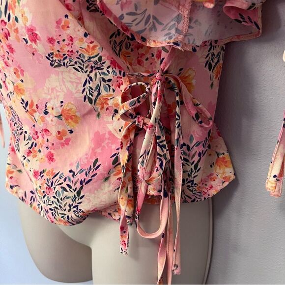 Topshop Salmon Floral Wrap Shirt Size 8 - Picture 4 of 11